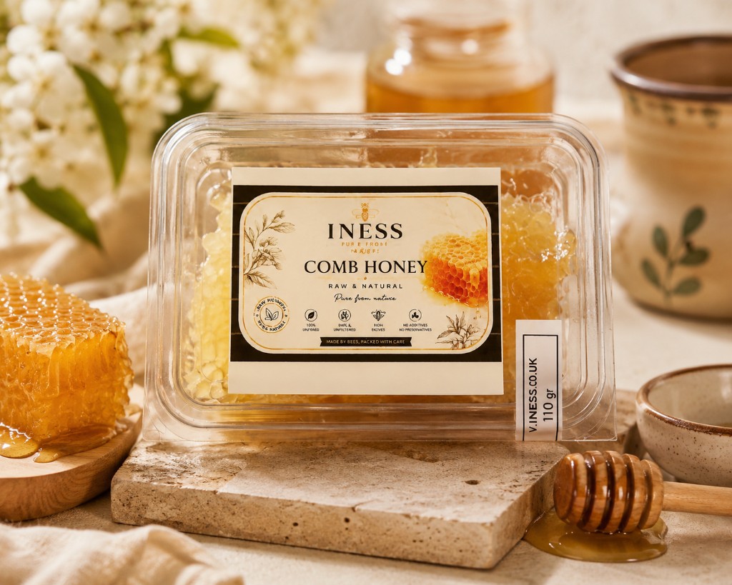 INESS Comb Honey 110g — raw unfiltered honeycomb in a clear pack