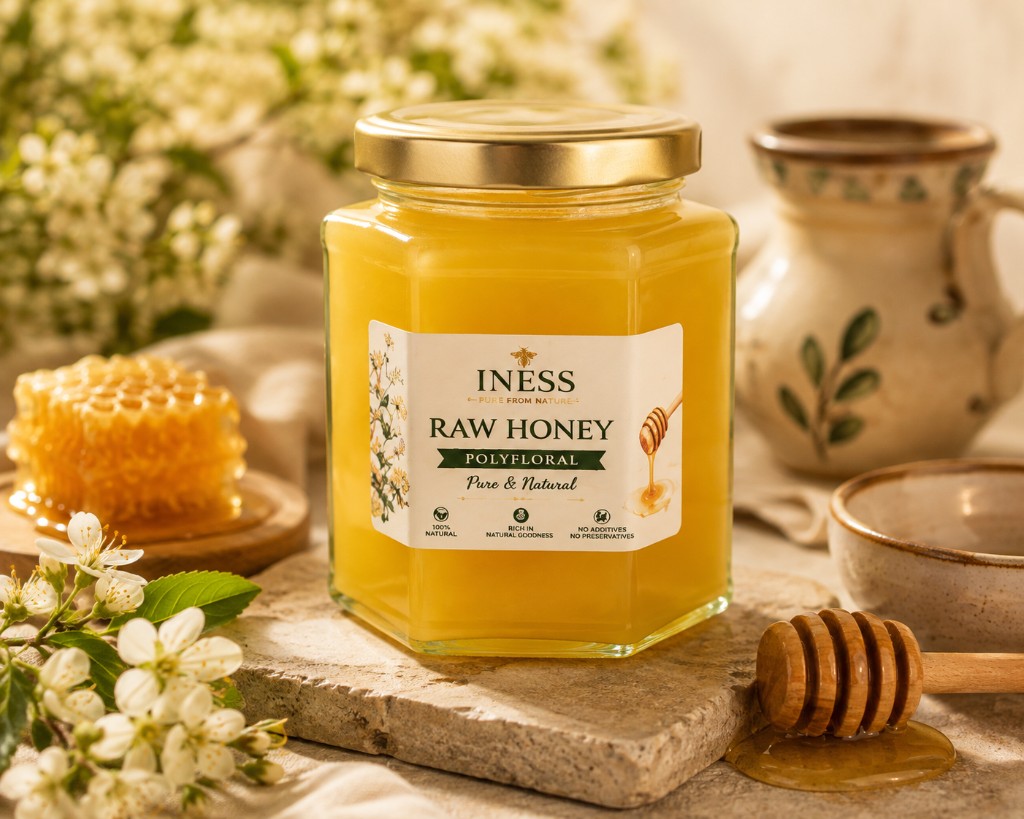 INESS Raw Honey Polyfloral 330g in a hexagonal jar with gold lid