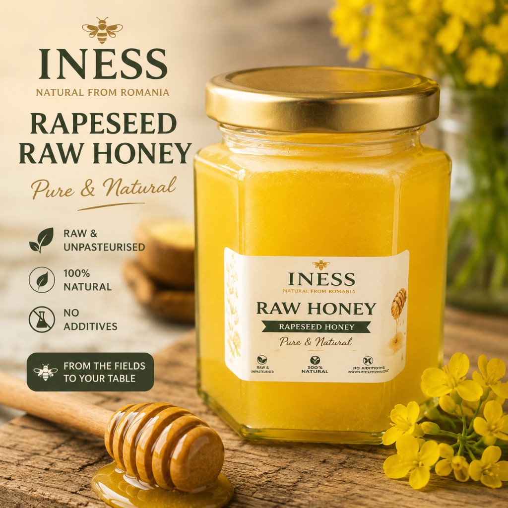 INESS Rapeseed Raw Honey 350g in a hexagonal jar with gold lid
